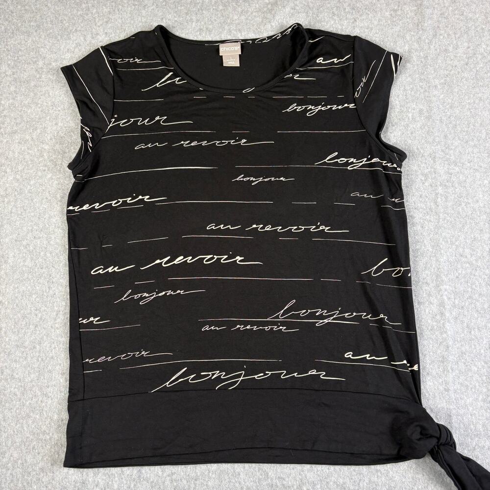 Chico's Size 1 M Black Bonjour French Script Print Cap Sleeve Side Tie Top
